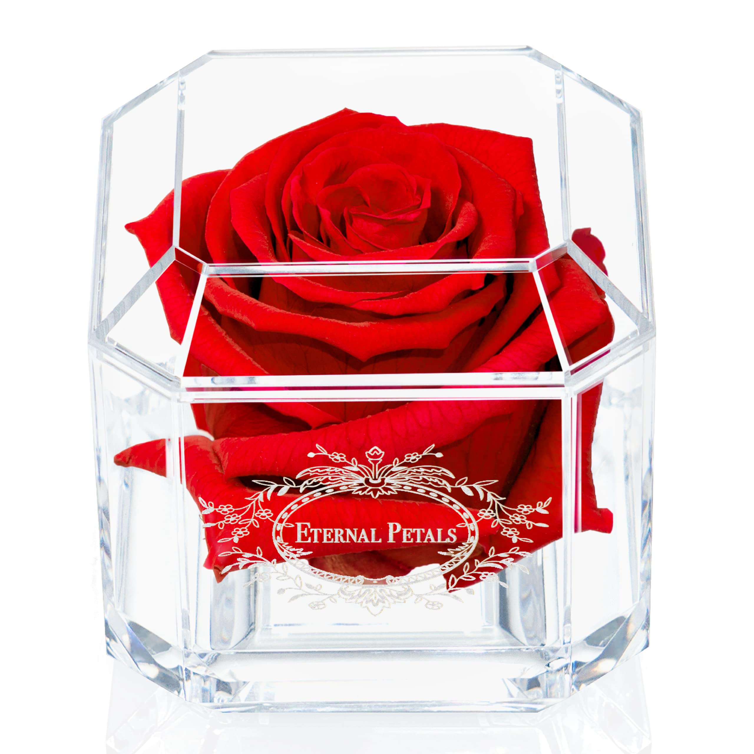 A 100% Real Rose That Lasts Years - Eternal Petals, Handmade in UK, Flowers Delivery Next Day Prime – White Gold Solo (Red)