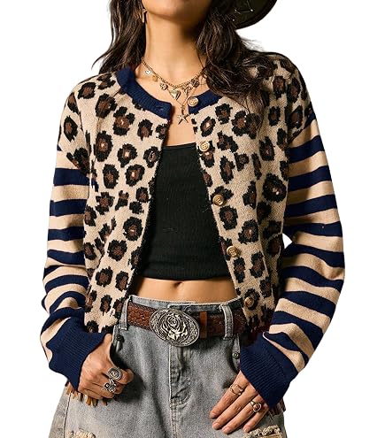 SOLY HUX Women's Leopard Cardigan Sweater Y2k Striped Button Down