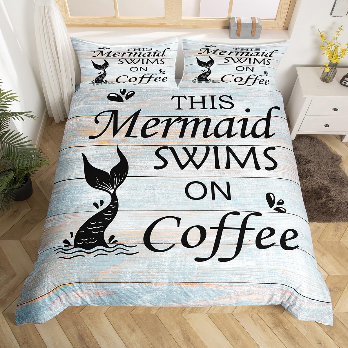 Mermaid Duvet Cover Set King Size, Black Mermaid Tail Bedding Set 3pcs for Kids Boys Girls Bedroom Decor, Vintage Wooden Plank Comforter Cover Rustic Farmhouse Quilt Cover with 2 Pillowcases — image 1