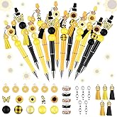 ReliThick 15 Sets Sunflower Beadable Pens Bulk Assorted Bead Pens Wood Crystal Round Spacer Set Wooden Spacer Round Beads Black Ink DIY Ballpoint for Women Men Gift Office Supplies