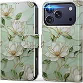 DEENAKIN for iPhone 17 Pro Wallet Case with Card Holder + Cash Clip, RFID-Blocking, Military-Grade Drop Protection & UV-Printed Artwork, Magnetic Closure with Leather Stand - Magnolia Flowers