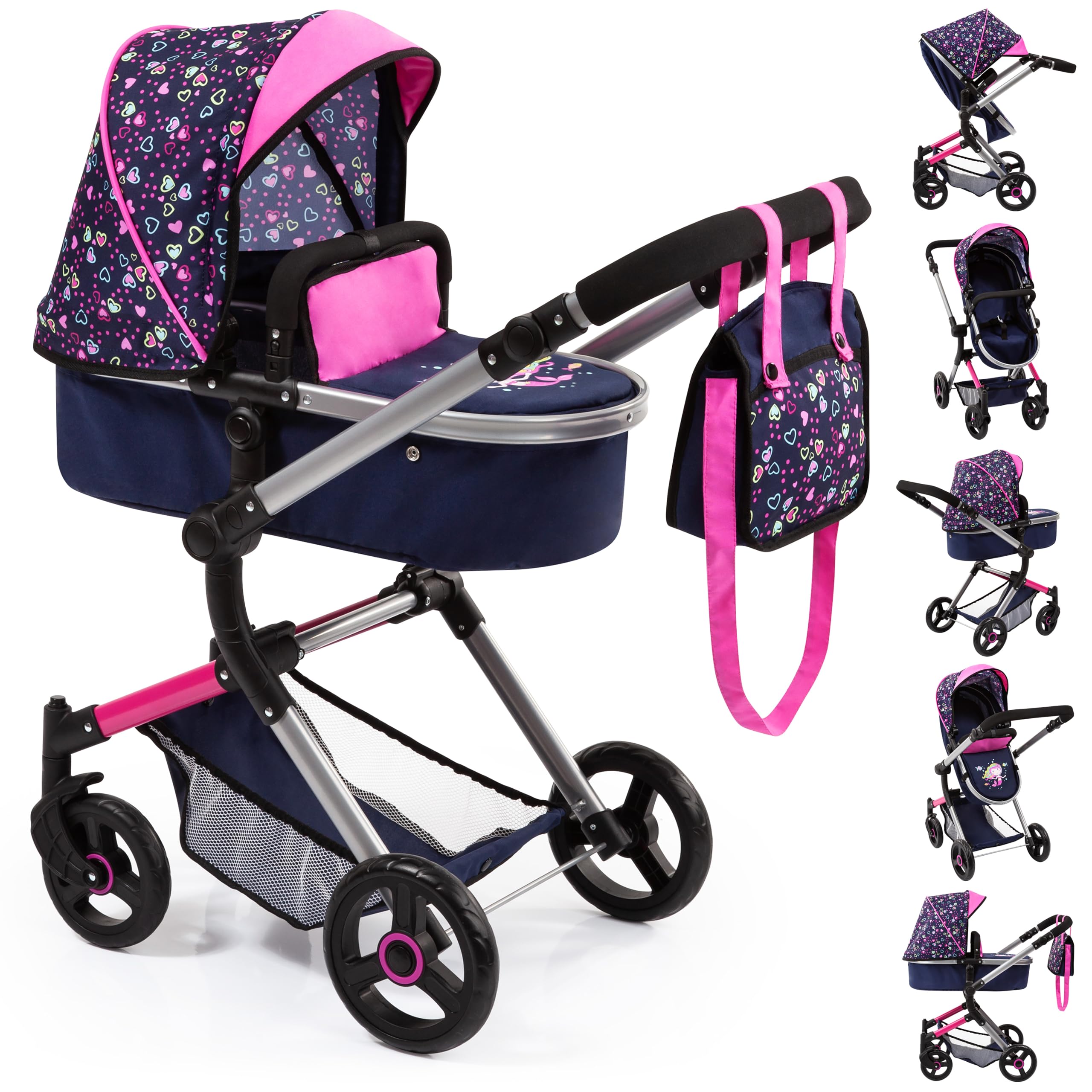 Bayer Design 18417AA Dolls Pram NEO Vario, stroller, bag, convertible, foldable, adjustable, reversible handle