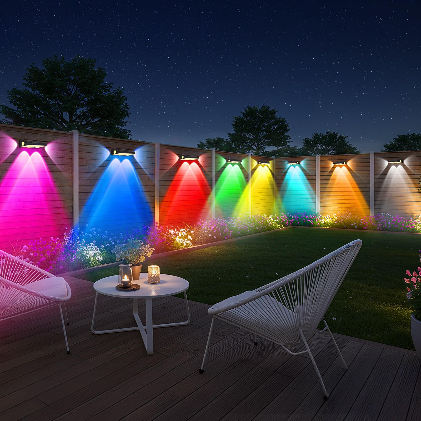 OUTON Solar Fence Lights Outdoor Garden, Warm White & RGB Changing IP65 Waterproof Solar Lights Outdoor, Dusk to Dawn Decking Lighting for Outside Backyard Deck Stair Patio Yard Step Wall, 8 Pack