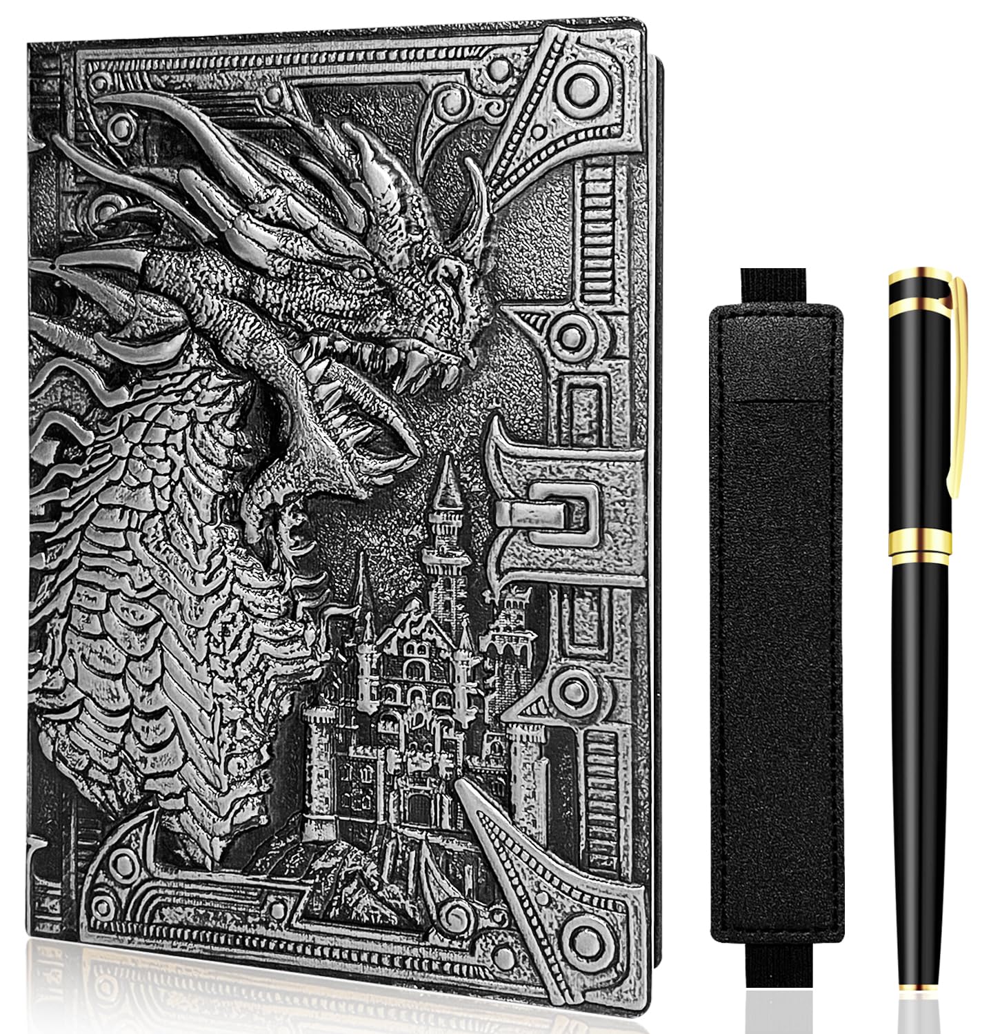 LISGO Vintage Dragon Embossed Leather Notebook DND Notebook Travel Journal with Ballpoint Pen and Pen Sleeve Antique Handmade A5 Journal,Hardcover Liner,Writing Notebook Gift for Men Women, Silver