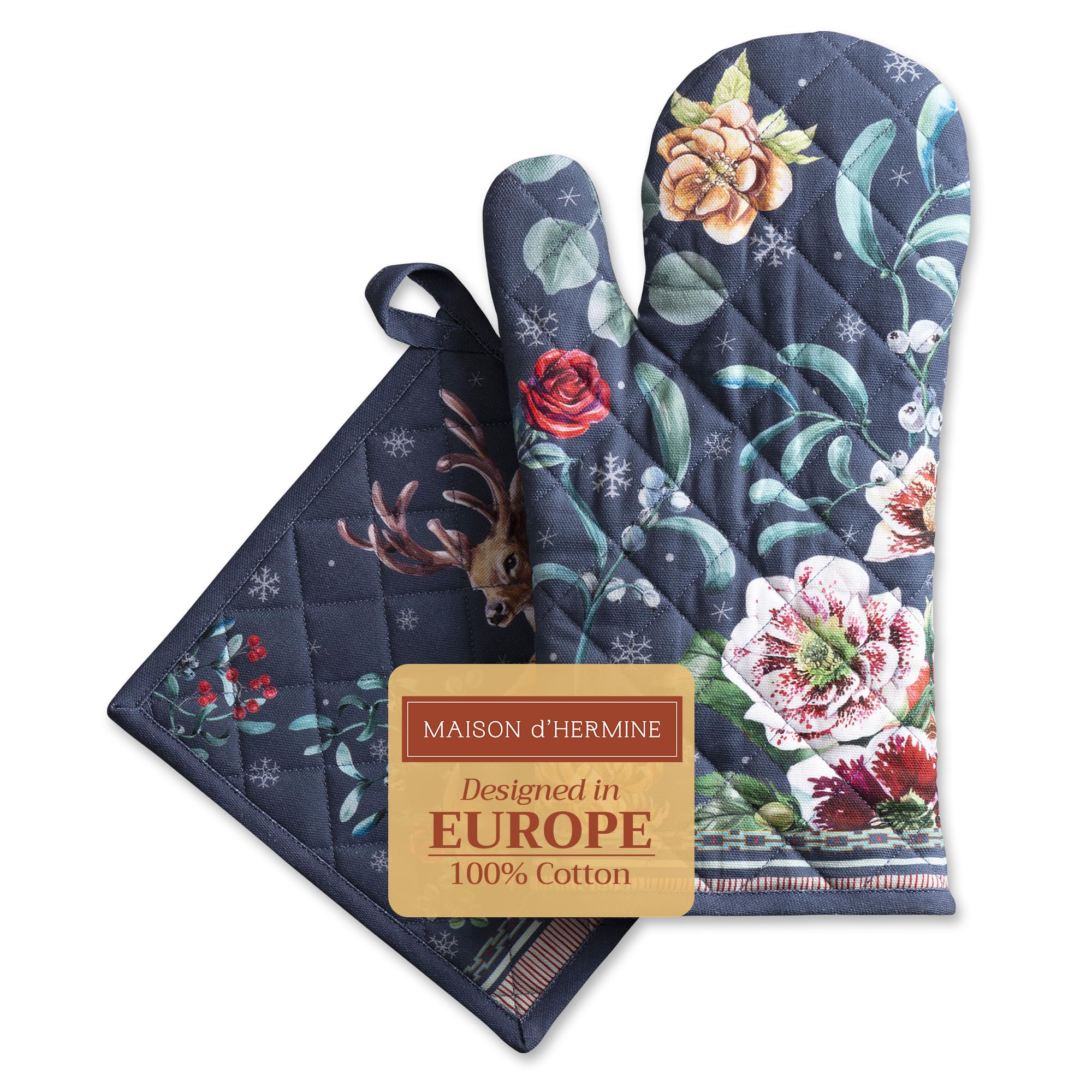 Maison d' Hermine 100% Cotton Oven Mitt & Pot Holder Set (19 x 33 cm & 20 x 20 cm) Heat Resistant BBQ Cooking Gloves with Loop for Christmas Decorations Baking Handling Hot Pans (Christmas Joy)