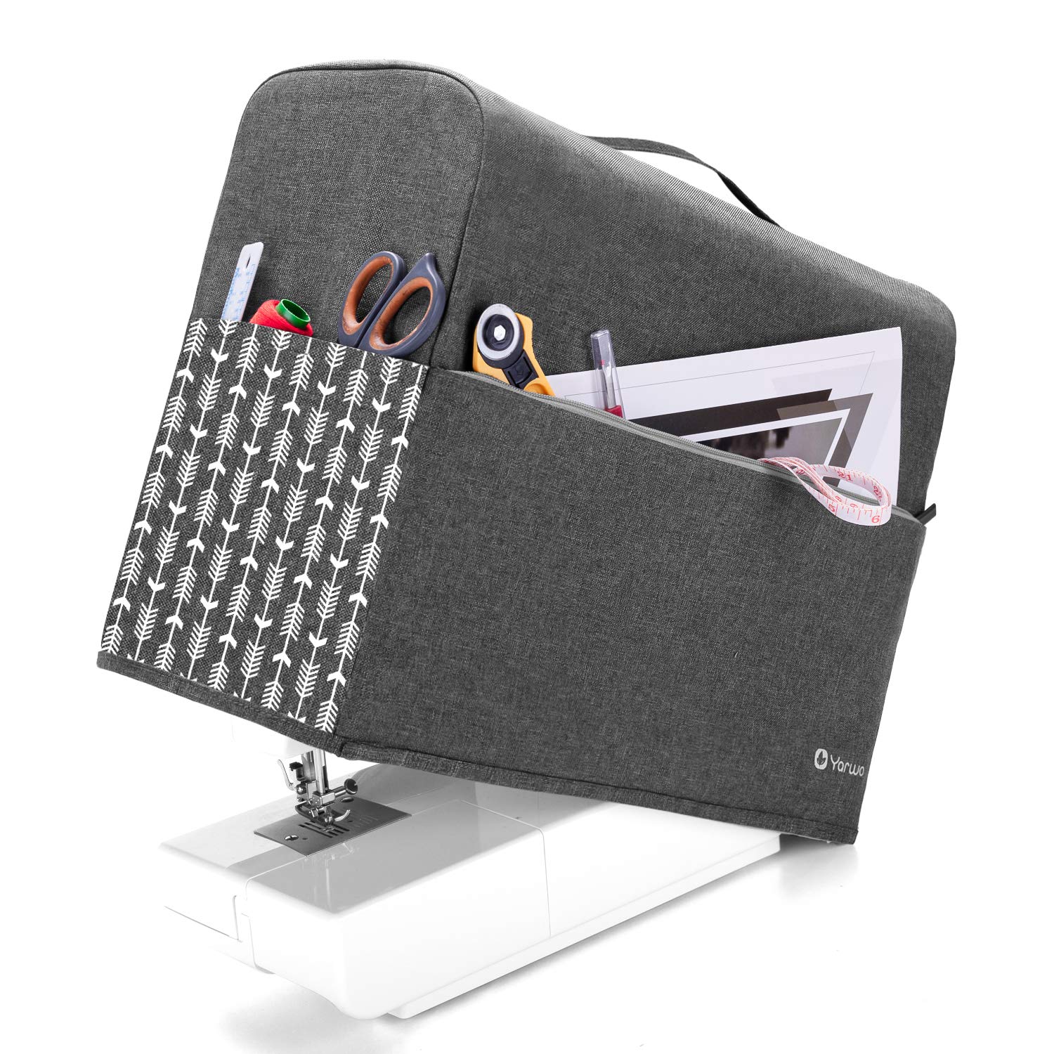 Yarwo Sewing Machine Cover, Dust Cover with Pockets for Most Standard Sewing Machines and Accessories, Grey with Arrow Pattern — image 1