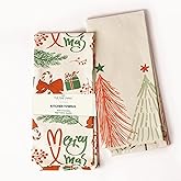The Fine Living Co. 100% Cotton Merry Christmas Kitchen Towels, 18'x28' Set of 2 (Cherry Red & Green)