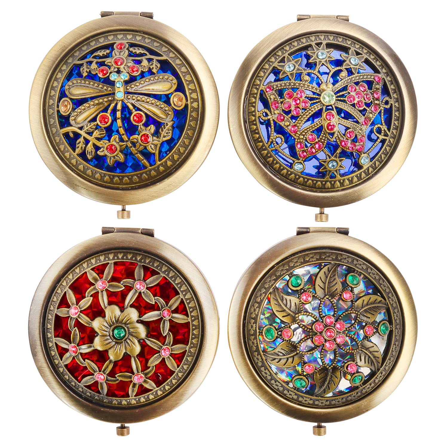 Photo 1 of Rich Boxer 4 Pcs Vintage Foldable Mirror Metal Vanity Mirror Travel Mirror Makeup Mirror Pocket Mirror Double Sided Compact Cosmetic Mirror, Bronze, Random Style