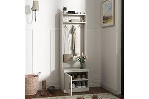 HOMCOM Narrow Hall Tree with Shoe Storage Bench, Rustic Entryway Bench with Coat Rack, Accent Coat Tree with Storage Shelves for Hallway, Mudroom, White Wood Grain