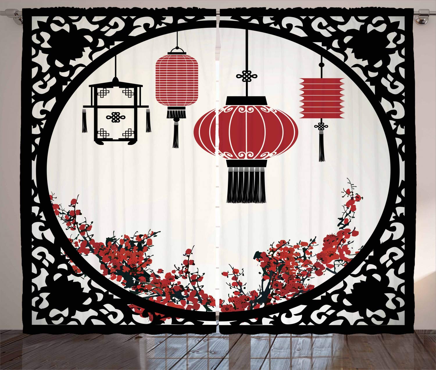 ABAKUHAUS Lantern Curtains, Lanterns with Japanese Sakura Cherry Blossom Trees Round Ornate Graphic, Living Room Bedroom Window Drapes 2 Panel Set, 280 x 260 cm, Beige Black