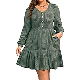 Pinup Fashion Plus Size Fall Dress Women Green Christmas Holiday Casual Long Sleeve Sweater Winter V Neck Dresses with PocketsDresses