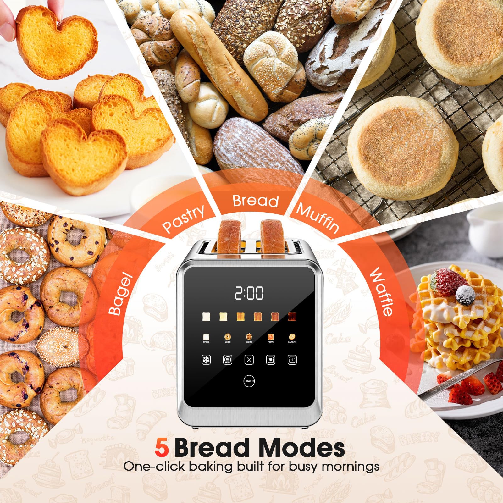 Tostadora con pantalla táctil de 2 rebanadas con ranuras de 1,5" de ancho y recuperación de memoria | Tostadoras digitales inteligentes de acero inoxidable de 900 W | 6 configuraciones de sombra para bagels y pan grueso