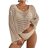 Bsubseach Crochet Tops for Women Long Sleeve Beach Swimsuit Coverup Mesh Knit Crop Top Bathing Suit Cover Up