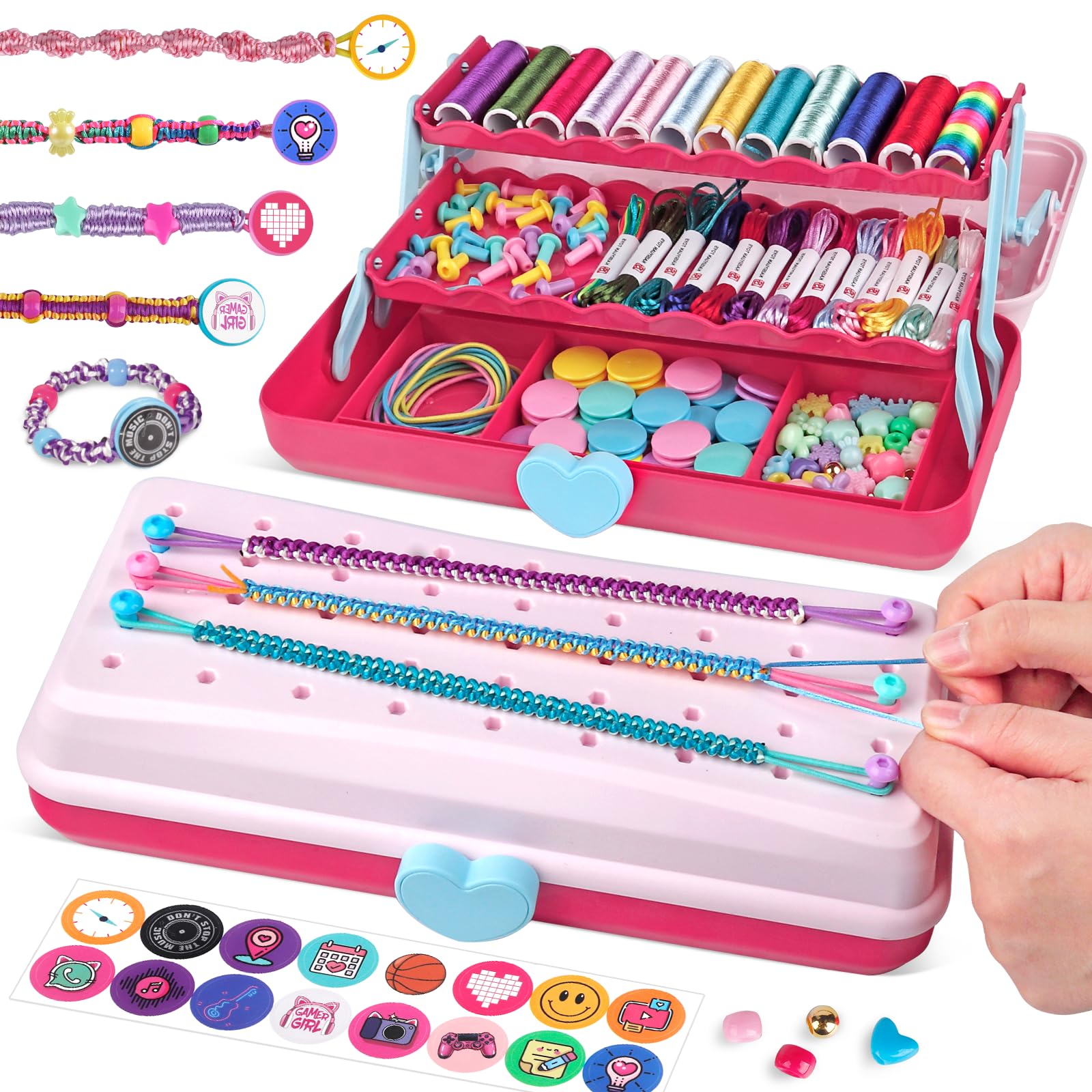 Friendship Bracelet Making Kit with Storage Box,DIY String Bracelet Arts and Craft for Girls Aged 8-12,Kids' Travel Activity Toy Set, Birthday Gifts for Ages 6 7 8 9 10 11 12 Year Old (Pink/Red) — image 1