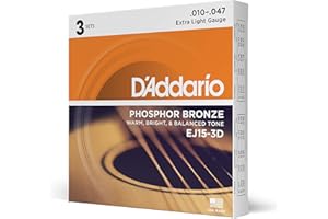 D'Addario Guitar Strings - Phosphor Bronze Acoustic Guitar Strings - EJ15-3D - Rich, Full Tonal Spectrum - For 6 String Guitars - 10-47 Extra Light, 3-Pack