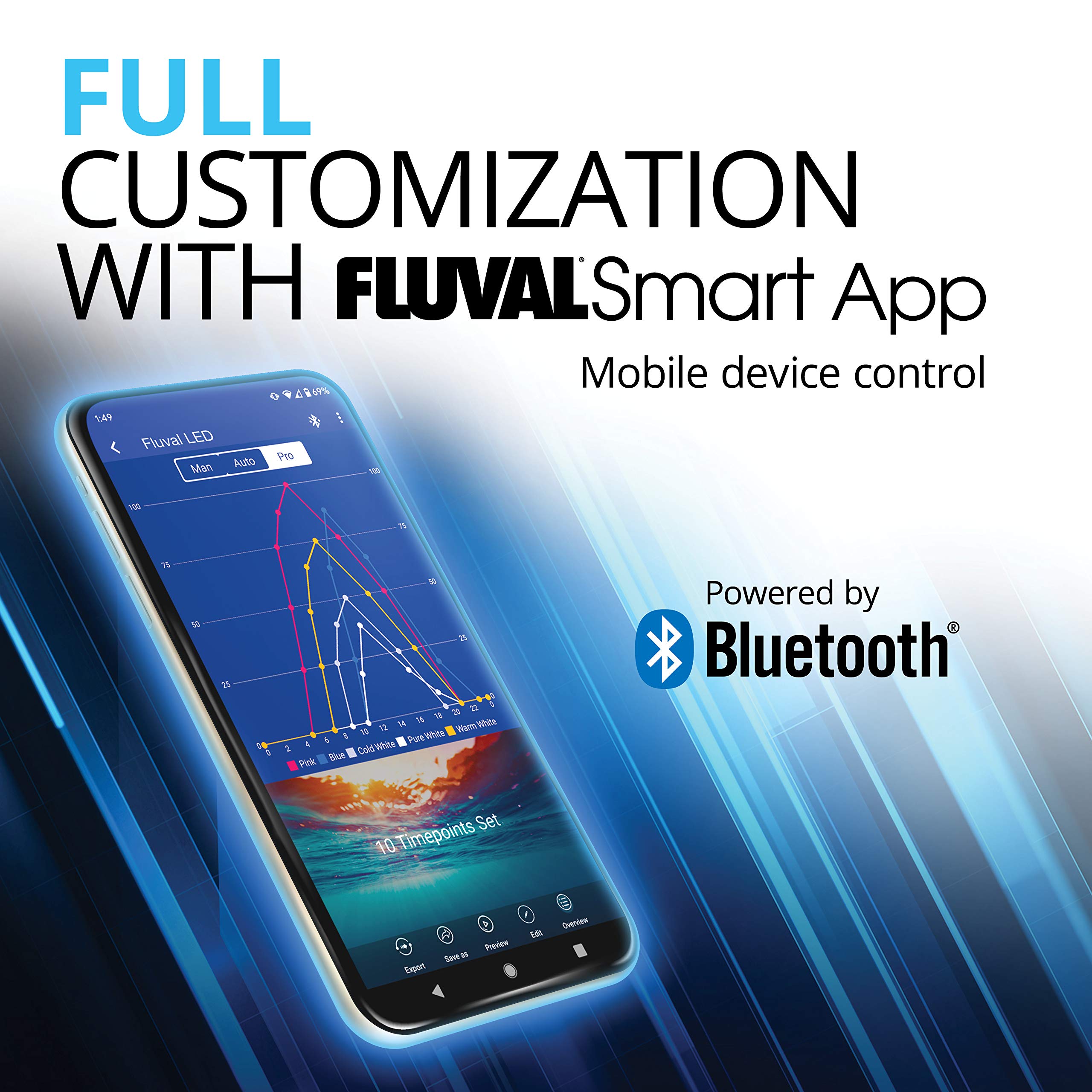 Fluval Aquasky 2.0 Bluetooth LED Aquarium Light – 27W, 36–48" | RGB + 6500K White | App-Controlled with 24-Hour Light Cycle & Weather Effects | IP67 Waterproof | Wide 120 Coverage - View 3