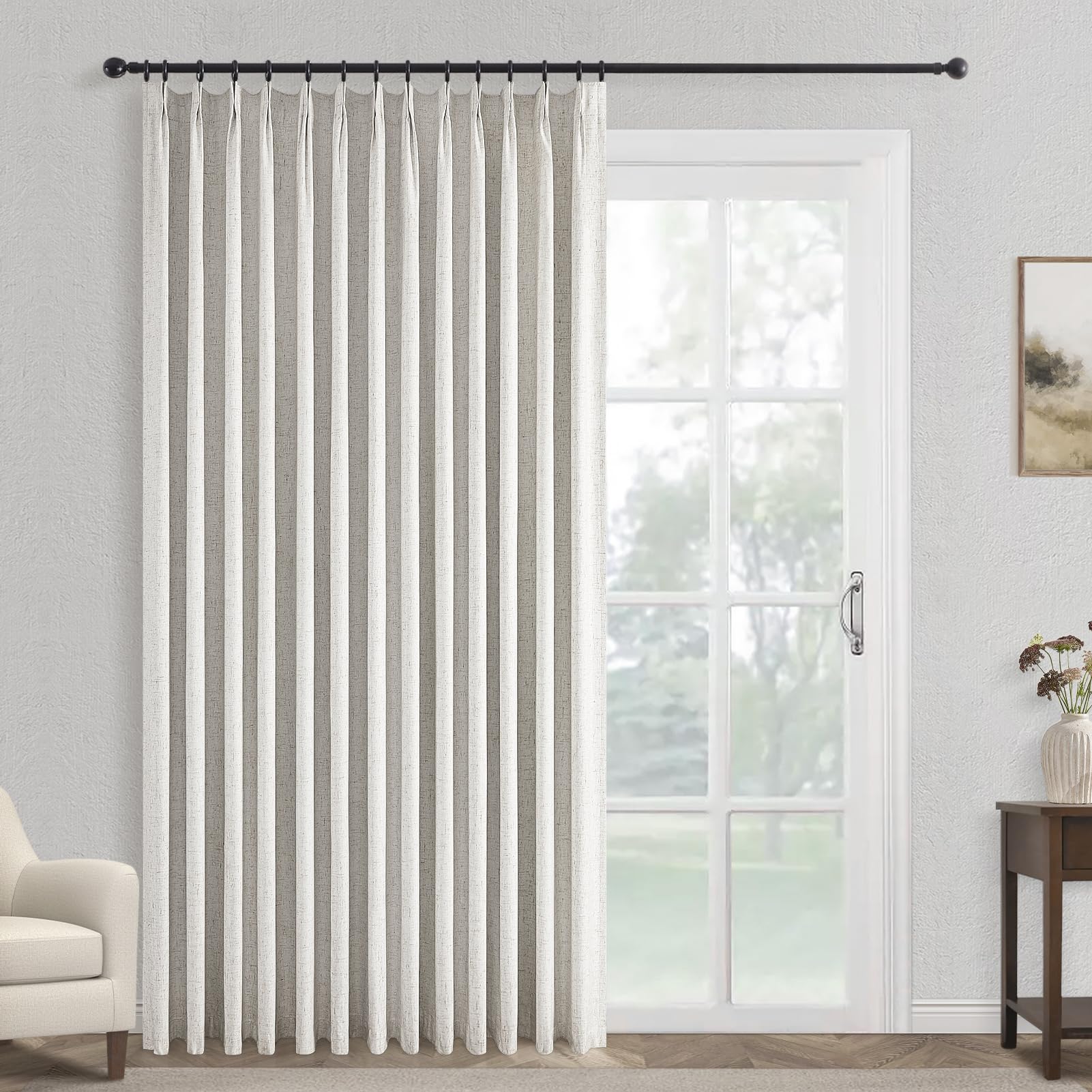 Topfinel Extral Wide Curtains, Pinch Pleated 100% Blackout Linen Luxury Drapery with Hooks for Patio Sliding Door Large Window Living Room Track System, 72" Wx90 L 1 Panel