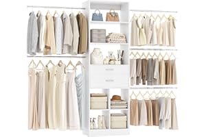 Besiost Closet System, 4-8 FT Closet Organizer Tower with 2 Wooden Drawers and 5 Hanging Rods, Can Fit 60 to 96 inch Walk-in Closet System, White