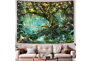 YEXIT Fairy Tales Magical Forest Tapestry, Nature Tree of Life with Elves Landscape Tapestry Wall Hanging for Living Room BedRoom Decoration Green 68×90 inche