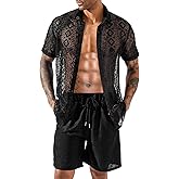 LecGee Men Summer Casual Short Sets Lace Short Sleeve Button Down Shirt Elastic Waist Shorts 2 Piece Outfits Tracksuit