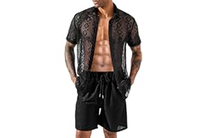 LecGee Men Summer Casual Short Sets Lace Short Sleeve Button Down Shirt Elastic Waist Shorts 2 Piece Outfits Tracksuit