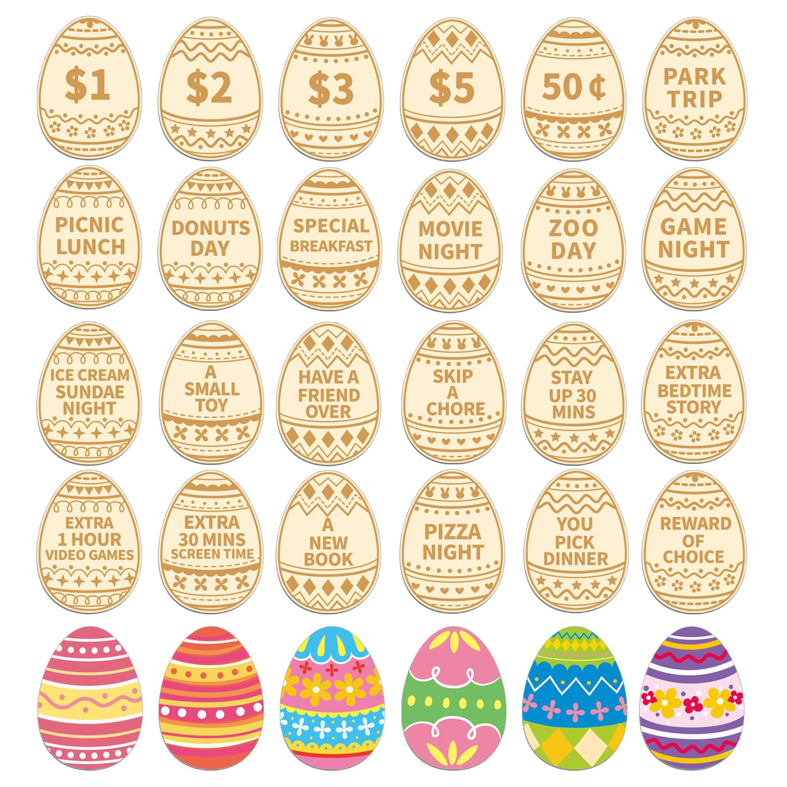 Jansun 24PCS Easter Egg Tokens, Easter Egg Fillers Wooden Easter Reward Tokens Coins with 24 Different Engraved Sayings for Unique Family Hunt Activities