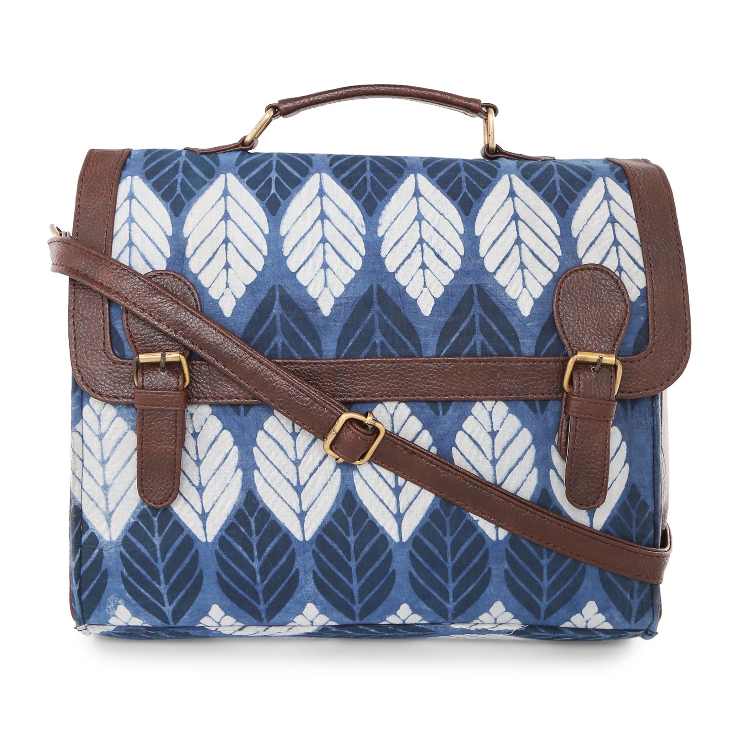 vivinkaa ethnic printed blue leaf print satchel