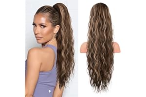 FLUFYMOOZ Ponytail Extension, 26 Inch Drawstring Ponytail Hair Extensions for Women， Long Curly Wavy Ponytail Natural Synthetic Hairpiece for Women (26" Deep Brown with Dirty Blonde)