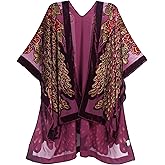 MJ SERECA Women's Burnout Velvet Kimono Long Cardigan Cover Up Casual Outfit Burgandy-Peacock