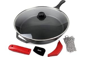 Crucible Cookware 15-Inch Cast Iron Skillet Set (Pre-Seasoned), Including Large & Assist Silicone Hot Handle Holders, Glass Lid, Cast Iron Cleaner Chainmail Scrubber, Scraper | Indoor & Outdoor Use