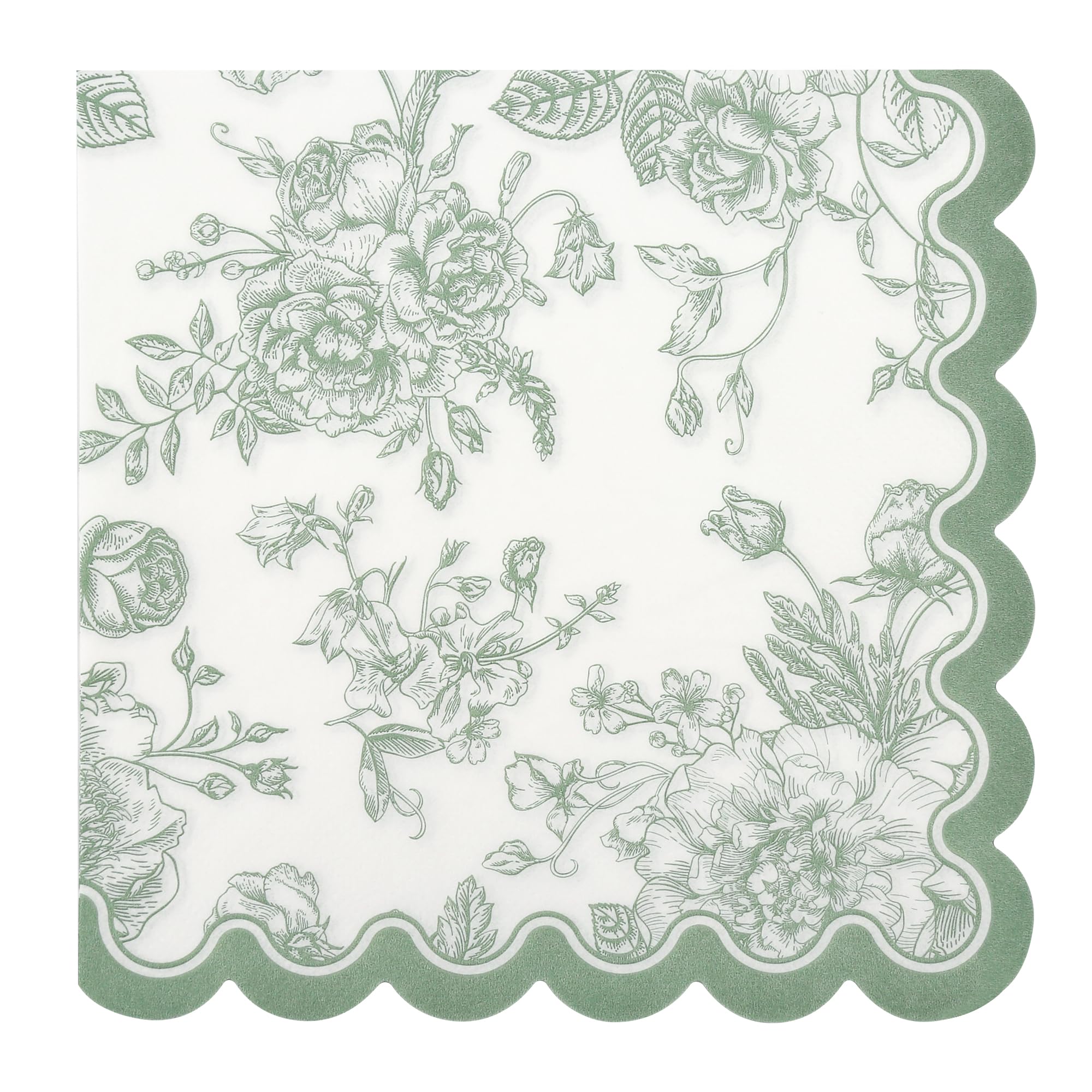 View 1 of 100 Sage Green Floral Paper Napkins Green & White Flowers Disposable Party Napkin 6.5" Scalloped Edge Toile Bouquet Hand Towels for Birthday Bridal Baby Shower Tableware
