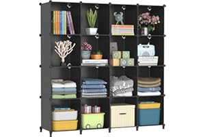 FUNLAX Cube Storage Shelf, 16 Storage Cubes Closet Organizers and Storage Portable Cube Storage Organizer Plastic Bookshelf Bookcase for Study Room, Bedroom, Office, Black