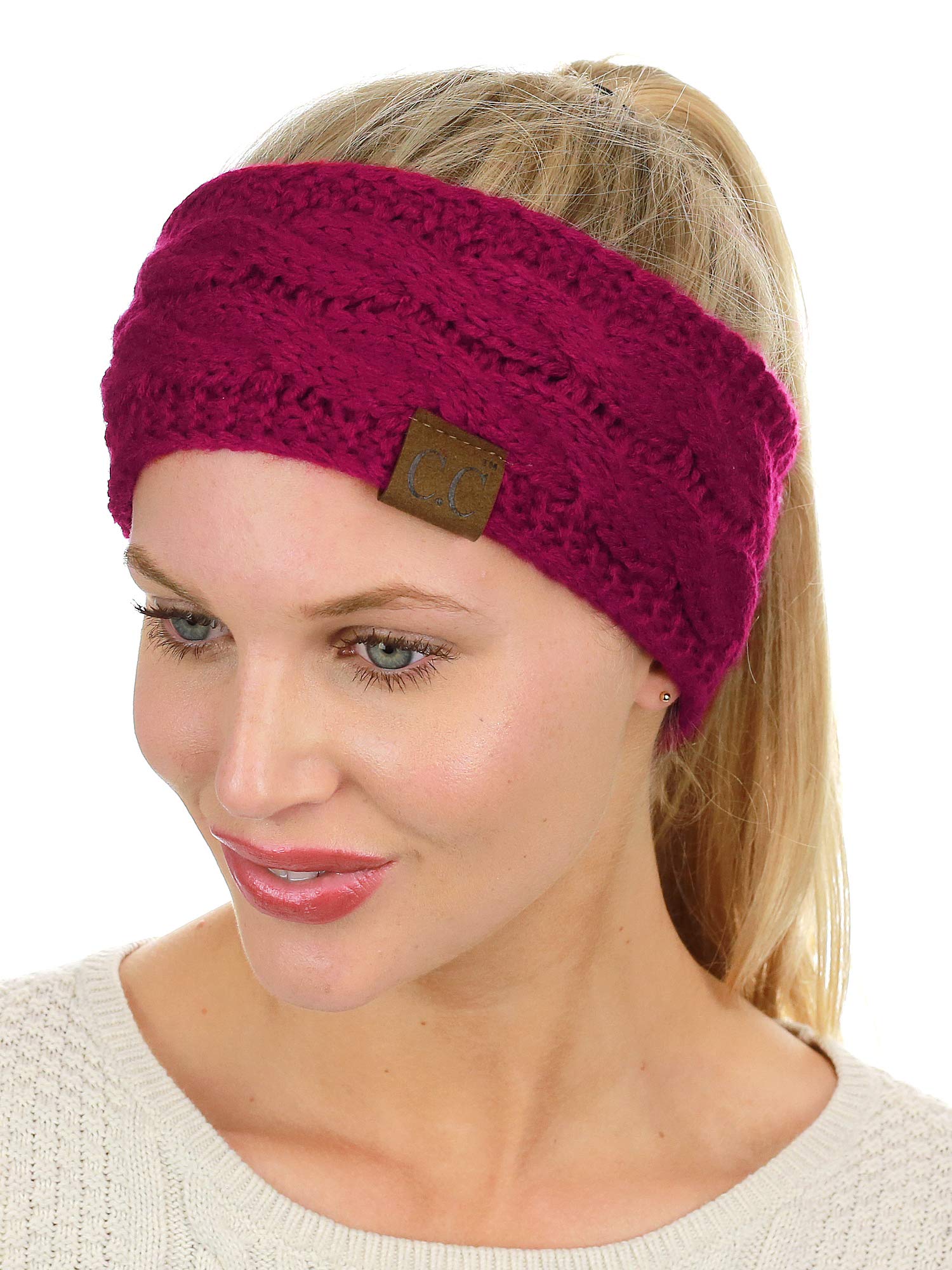 C.C Soft Stretch Winter Warm Cable Knit Fuzzy Lined Ear Warmer Headband, Hot Pink, 1 Count (Pack of 1)