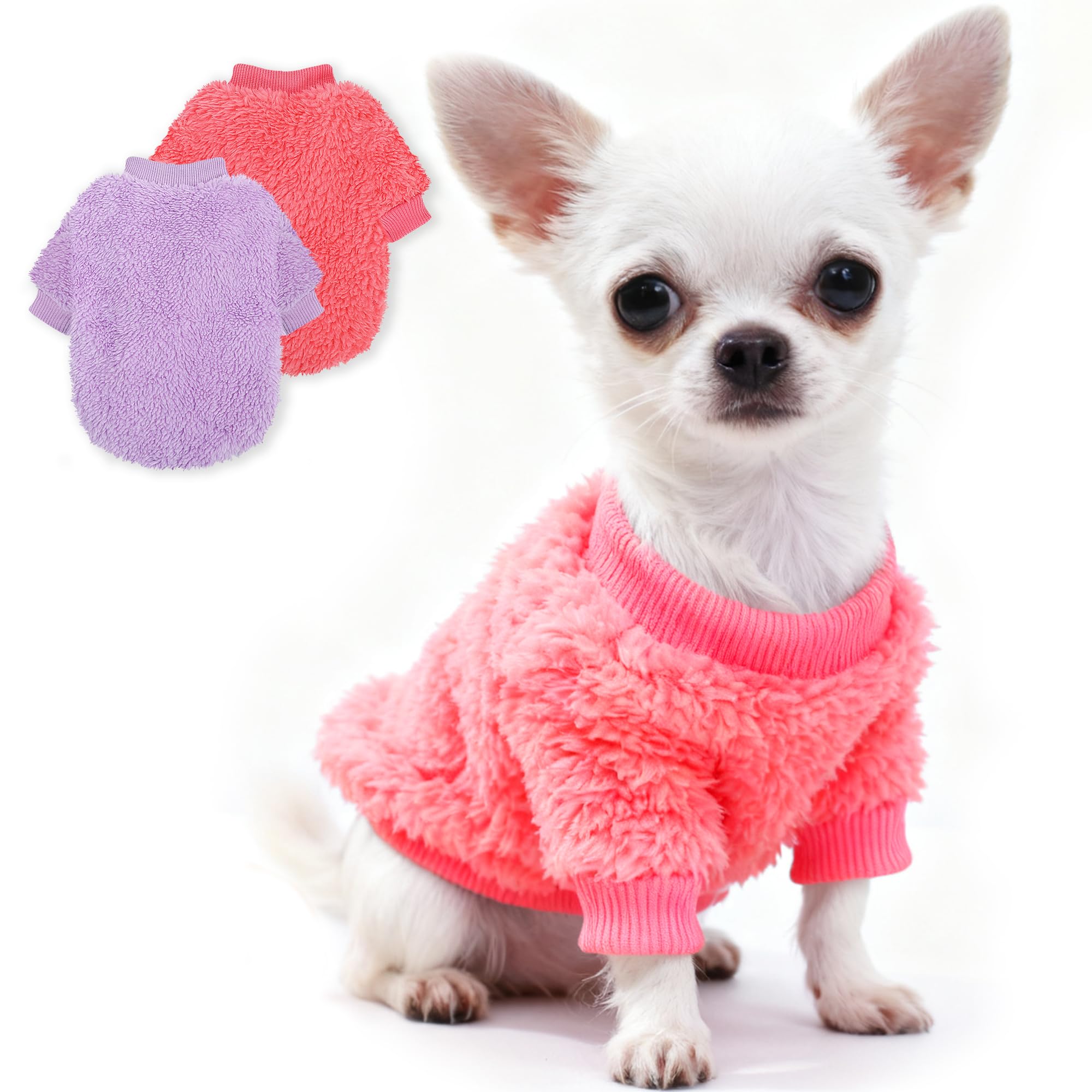 Photo 1 of 2 Pack Dog Sweaters for Small Dogs Girl Boy Winter Fleece Dog Clothes for Chihuahua Yorkie, Warm Soft Puppy Sweater, Dog Sweatshirt Outfit for Teacup Dogs Female Male Cats Pet Apparel, XS