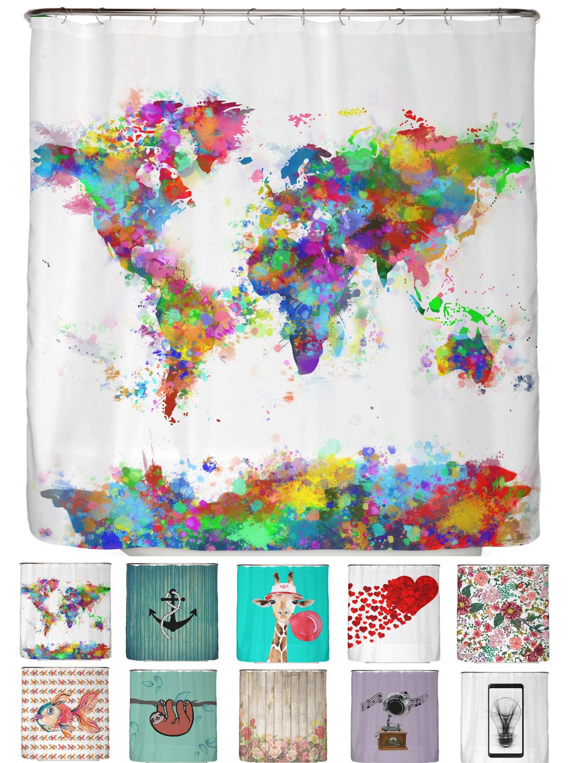 arteneur® - World Map - Shower Curtain 180 x 200cm - Mould Resistant Fabric, Weighted Hem, Opaque, Waterproof, Washable incl. 12 hooks — image 1