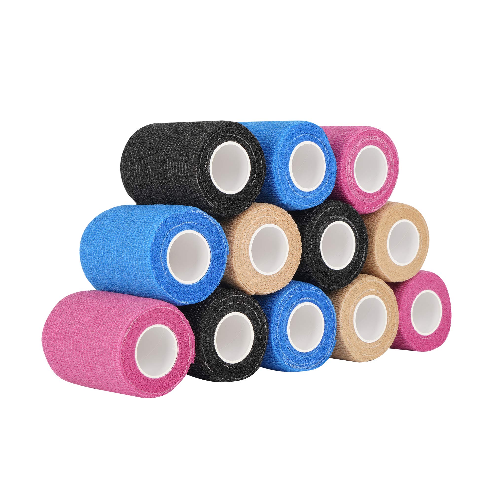 12 Rolls Cohesive Bandage 7.5cm x 4.5m – Self Adhesive Wrap, Breathable Sports Tape for Ankle Wrist Knee Support, Hand-Tearable Stretch Bandage for Pet Care & Athletic Use (Blue, Beige, Black, Pink)
