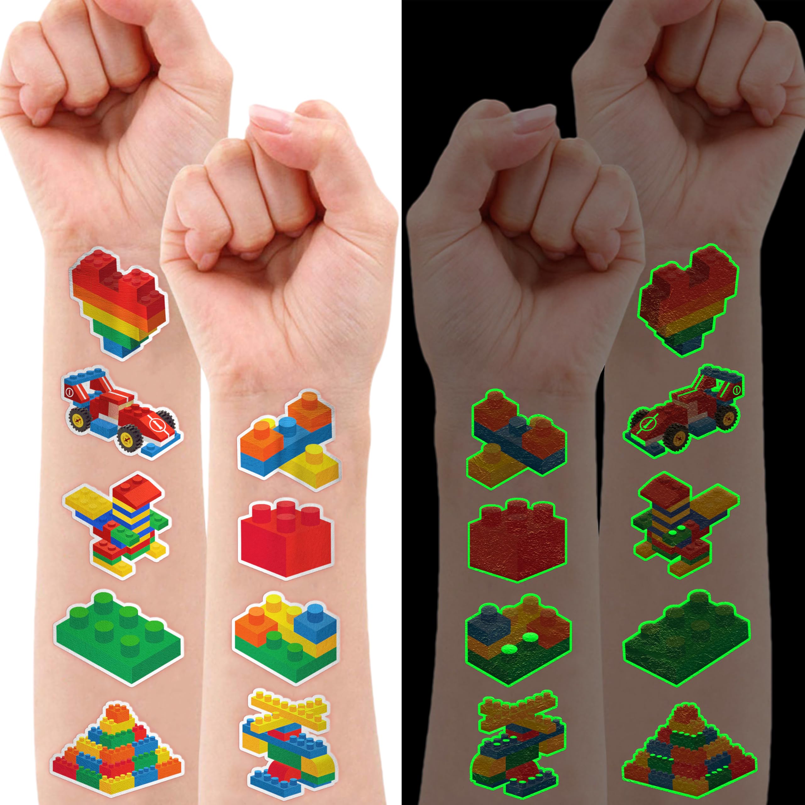Photo 1 of 96 PCS Building Blocks Block Pre-Cut Luminous Glow in the dark Temporary Tattoos for Kids | Super Cute Themed Birthday Party Favors, Supplies, Decorations, Fake Tattoo Stickers Gifts for Boys Girls