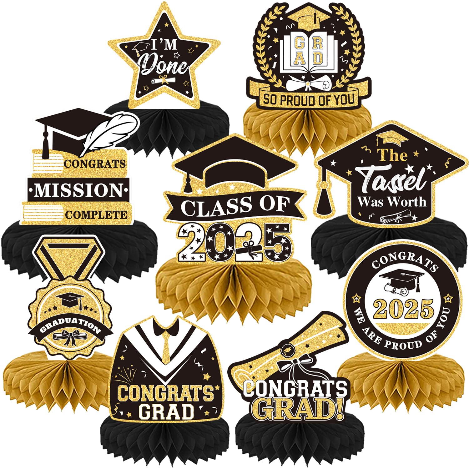 Photo 1 of Adeyoo 9Pcs Graduation Centerpieces for Tables 2025 - Graduation Table Decorations Black and Gold Honeycomb Centerpiece Class of 2025 Congratulate Table Toppers Congrats Grad Party Supplies