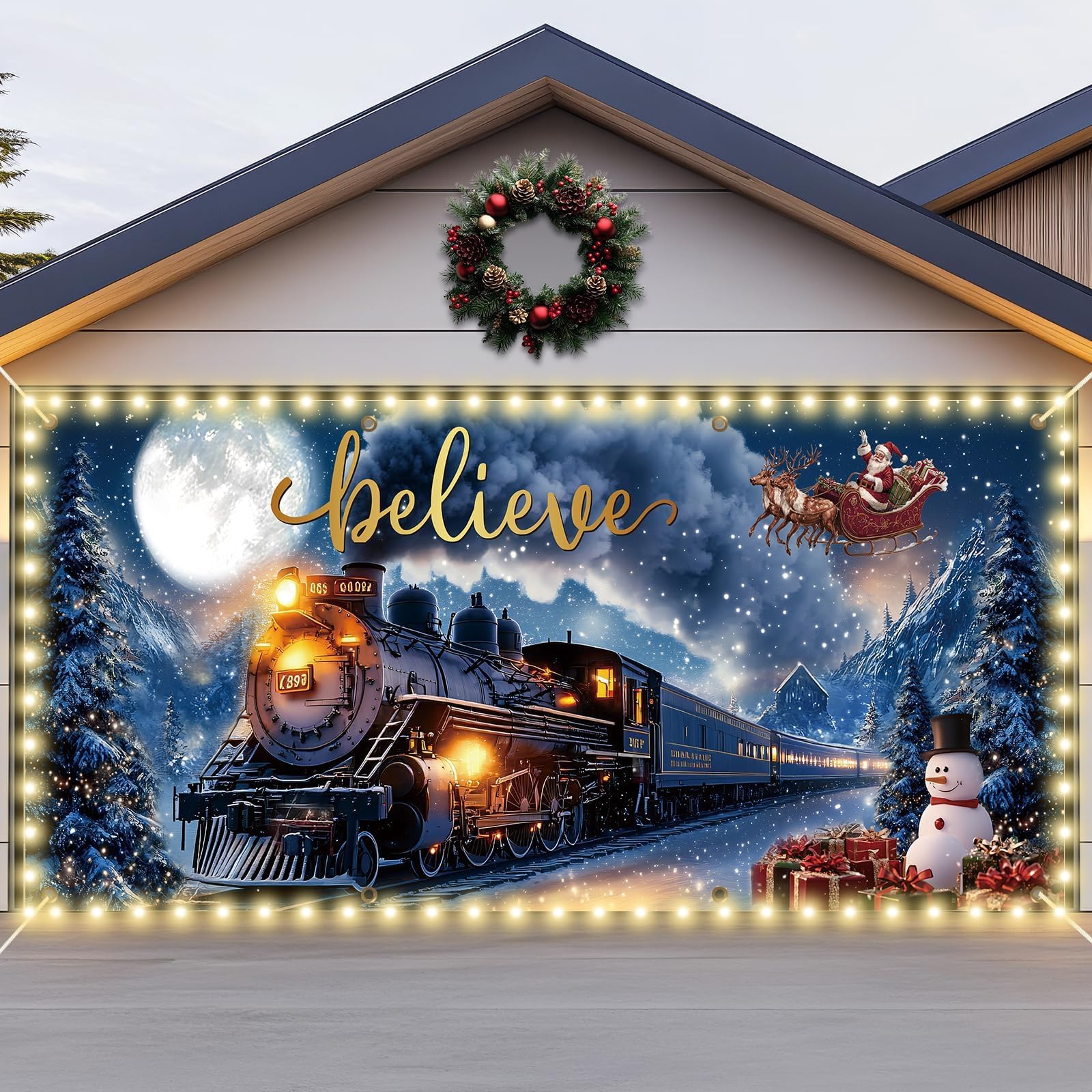 Photo 1 of *USED*
7x16ft Christmas Garage Door Banner with LED String Lights Polar Believe Train Garage Door Covers Large Pole Express Lighted Backdrop Decorations for Xmas Eve Holiday Indoor Outdoor Wall Decor(Train)