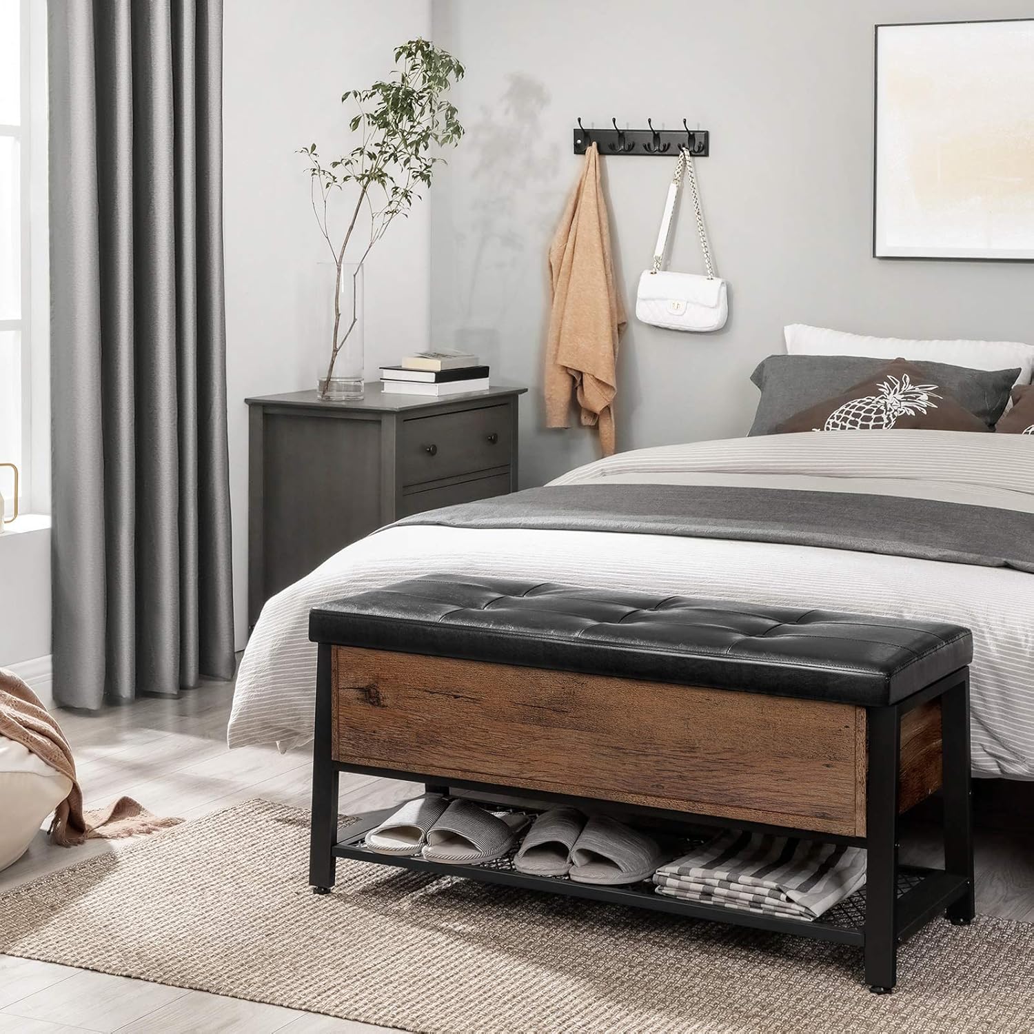 VASAGLE Industrial Storage Bench, Shoe Bench, Bed End Stool with Padded Seat and Metal Shelf, Storage Chest, Sturdy Steel Frame, Hallway, Living Room, Hazelnut Brown and Black ULSB047B03: Kitchen & Dining