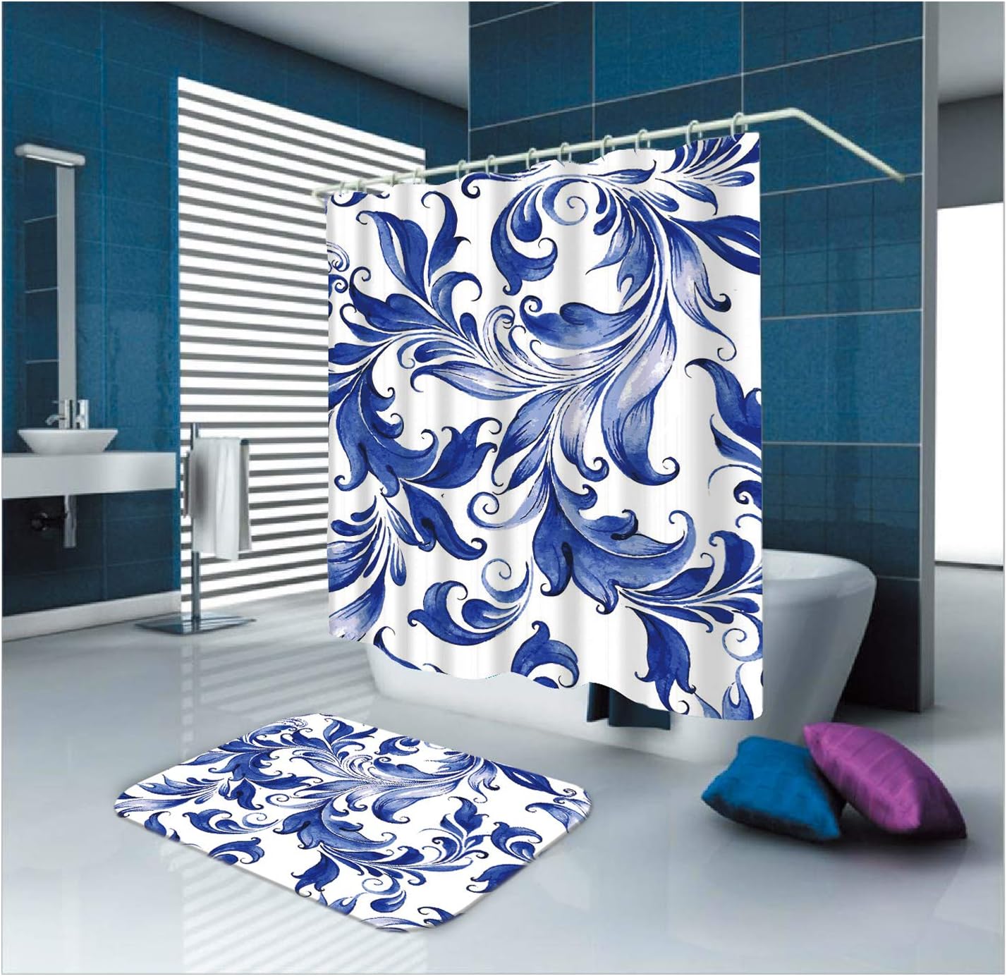 Amazon Com Amdxd Shower Curtain And Bathroom Set Blue Leaves Blue White Bathroom Shower Curtain 3d Non Slip Bath Mat 90x180cm Home Kitchen