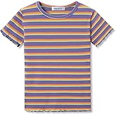 COOLTREE Girls Short Sleeve Shirts Ribbed Knit Lettuce Trim Tee Shirt - Little Girl Green Striped Blouse Size 6-16