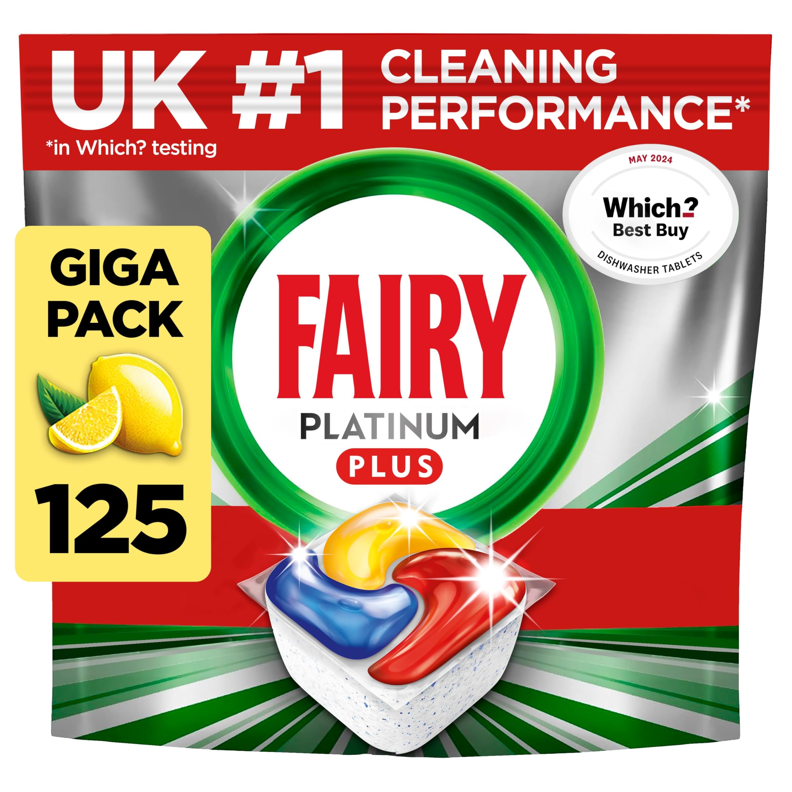 Fairy Platinum Plus All-in-1 Dishwasher Tablets, 125 Pack, Lemon. With anti-dull tech & rinse aid action for a deep clean. Effective in short cycles for sparkling dishes.