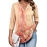 Zeagoo Womens 3/4 Length Sleeve Tops V Neck Tunic Casual Dressy Blouse Floral Printed T Shirts