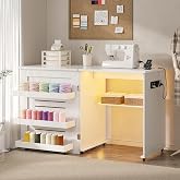 JDPAG White Sewing Table with &zwnj;3-Color LED Lights, Motion Sensor | 2 AC Outlets &amp; USB Ports&zwnj;, Foldable Craft Desk with Storage Shelves &amp; 6 Rolling Wheels for Home DIY Projects