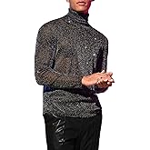 WDIRARA Men's Glitter Mesh Sheer Turtle Neck Long Sleeve See Throught Tee Tops Partywear