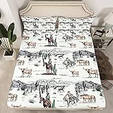 Western Cowboy Fitted Sheet Twin Size,Vintage Southwest Style Bed Sheet Desert Cactus Cow Horse Animals Bedding Set for Kids Boys Girls Adult Room Decor,Grey Brown Deep Pocket Sheet 2Pcs,1 Pillowcase