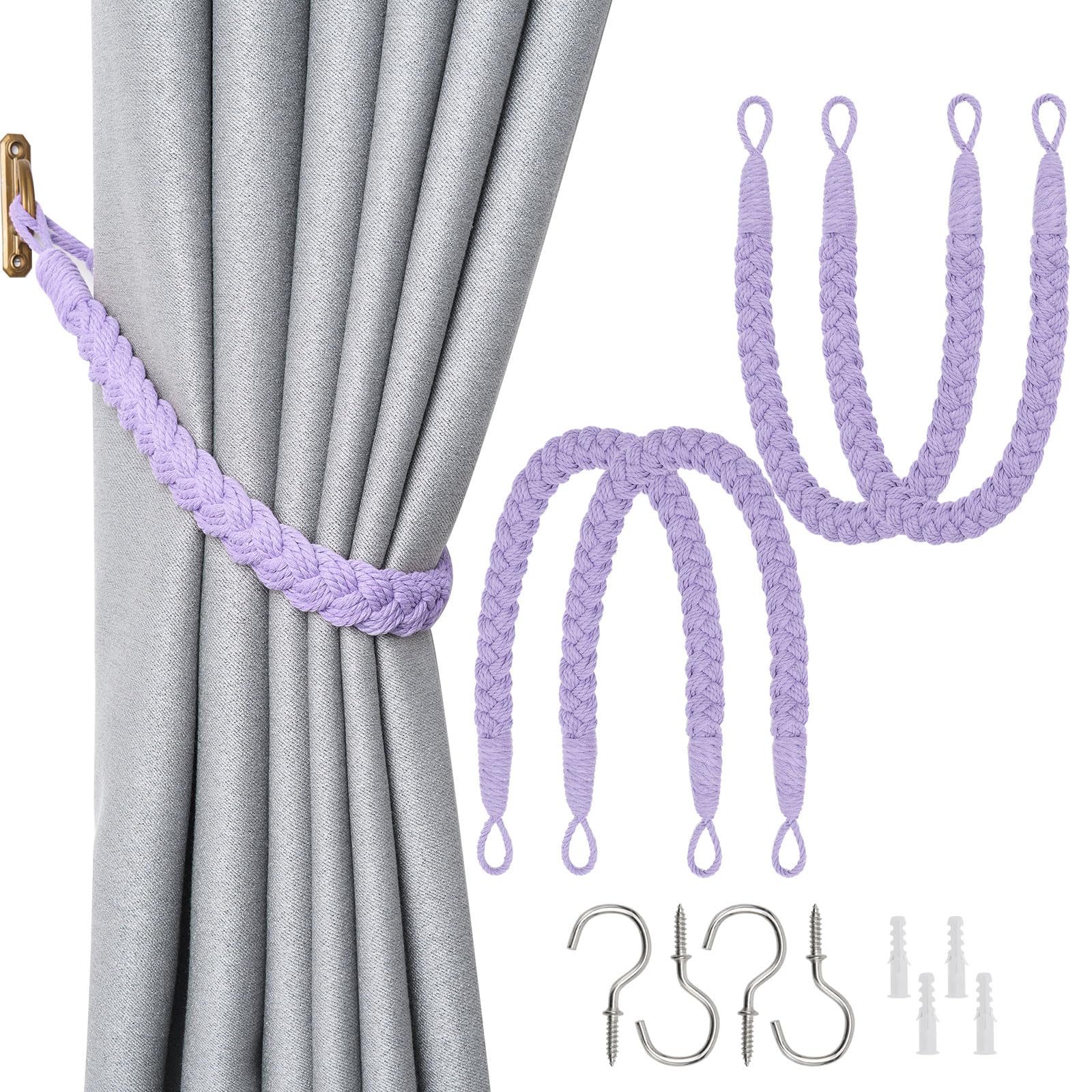 Pretty Jolly 4 Pack Natural Cotton Rope Curtain Tiebacks Elegant Boho Style Decorative Drape Tie Backs Soft Hand-Woven Rope Curtain Holdbacks with Metal Hook for Home & Office Drapery (Purple) — image 1