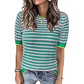 Womens Tops Summer Short Sleeve Shirts Striped Sweater Cute Casual Top Trendy Women Clothing Crewneck Knit Blouses