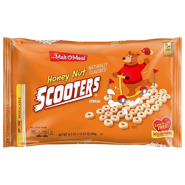 MALT-O-MEAL HONEY NUT SCOOTERS BREAKFAST CEREAL, OAT CEREAL O’S WITH HONEY FLAVOR, LARGE CEREAL FOR FAMILY, 24.5 OZ RESEALABLE CEREAL BAG